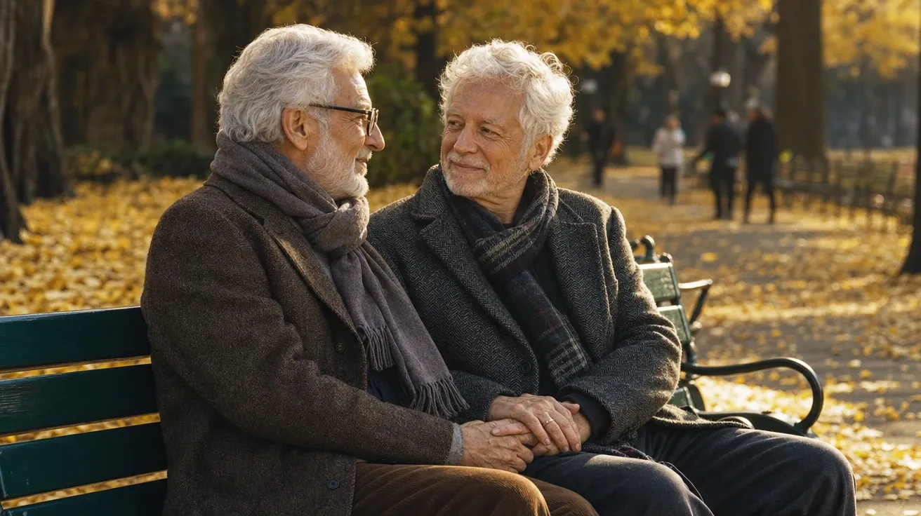 AI-generated couple pictures: an elder same-sex pair holding hands on a city park bench in golden-hour light.