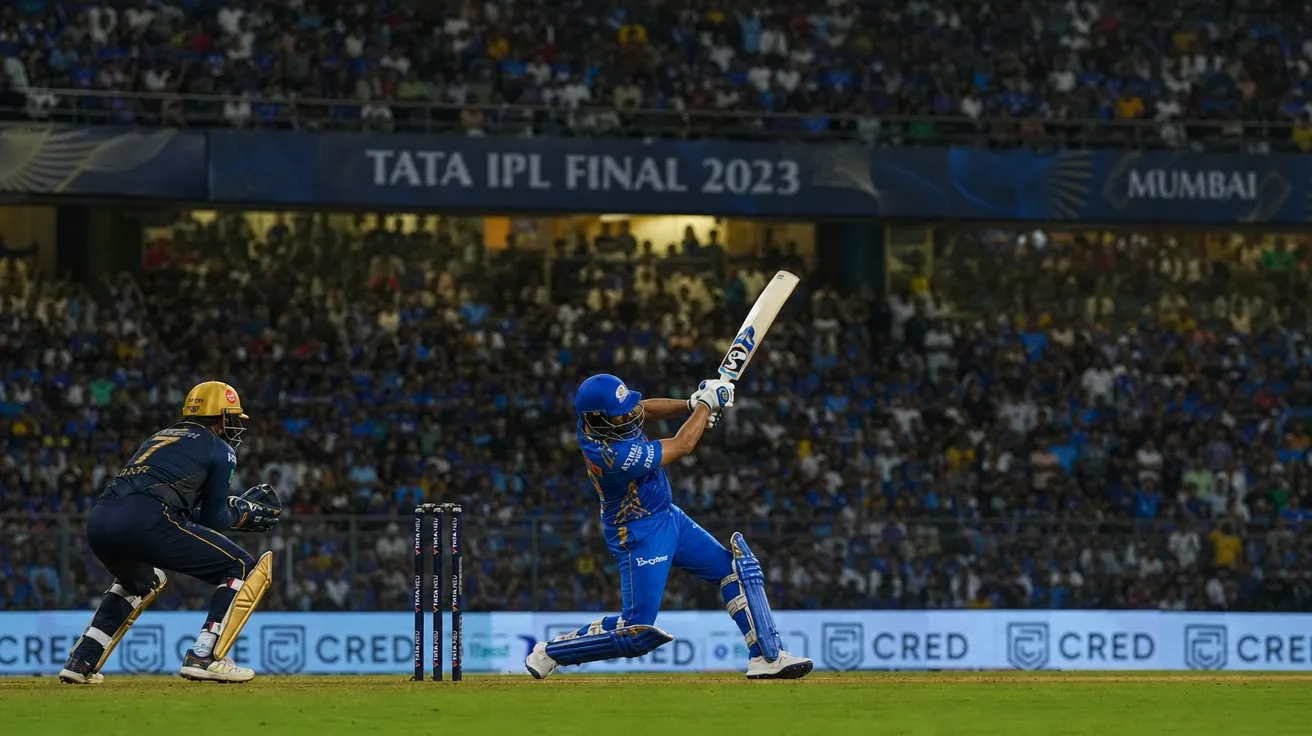 Wankhede Stadium T20 finals batter mid-pull shot under floodlights — AI-generated cricket image.