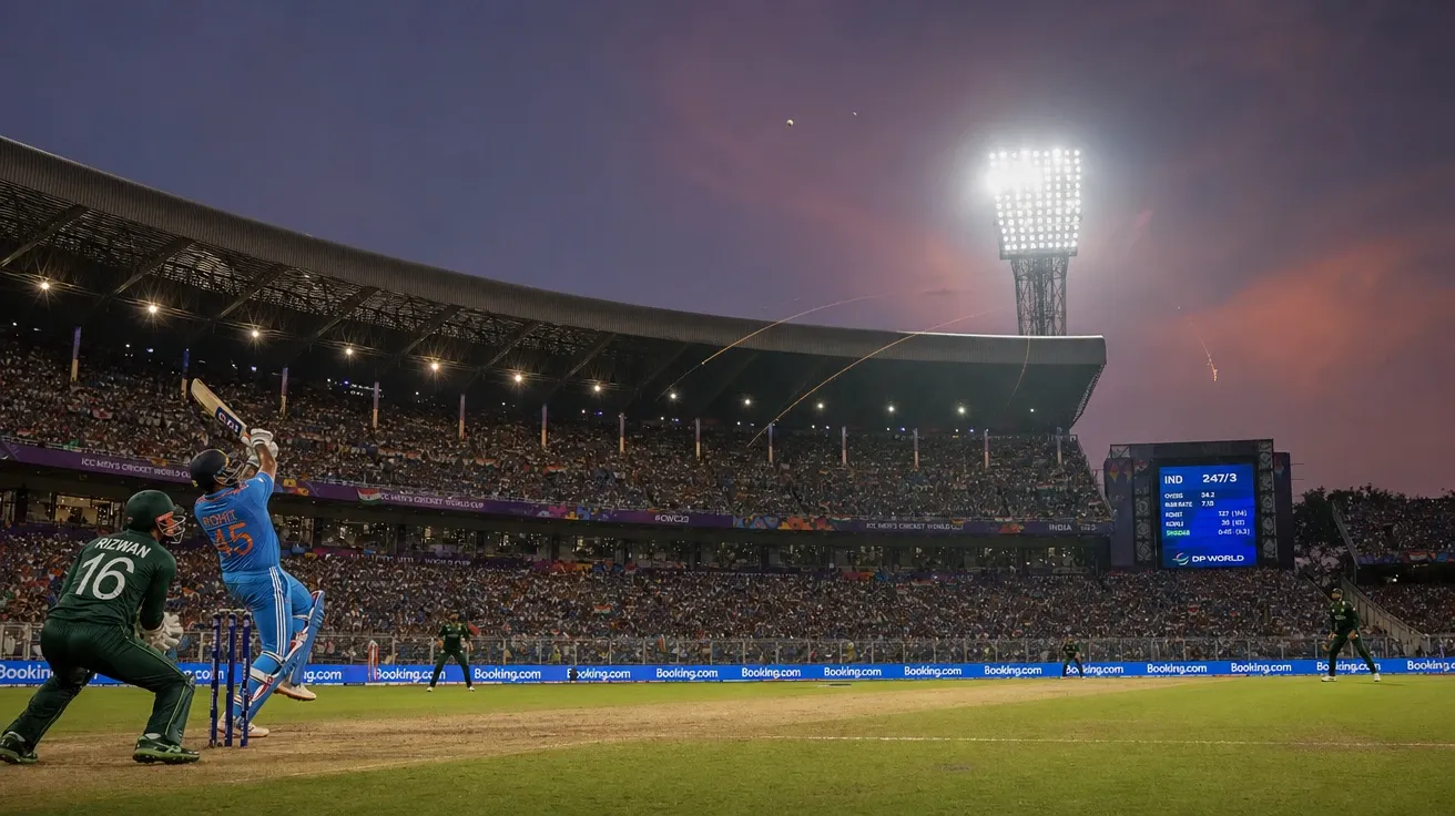 Eden Gardens India-Pakistan ODI six toward long-on at dusk — AI-generated cricket stock image.