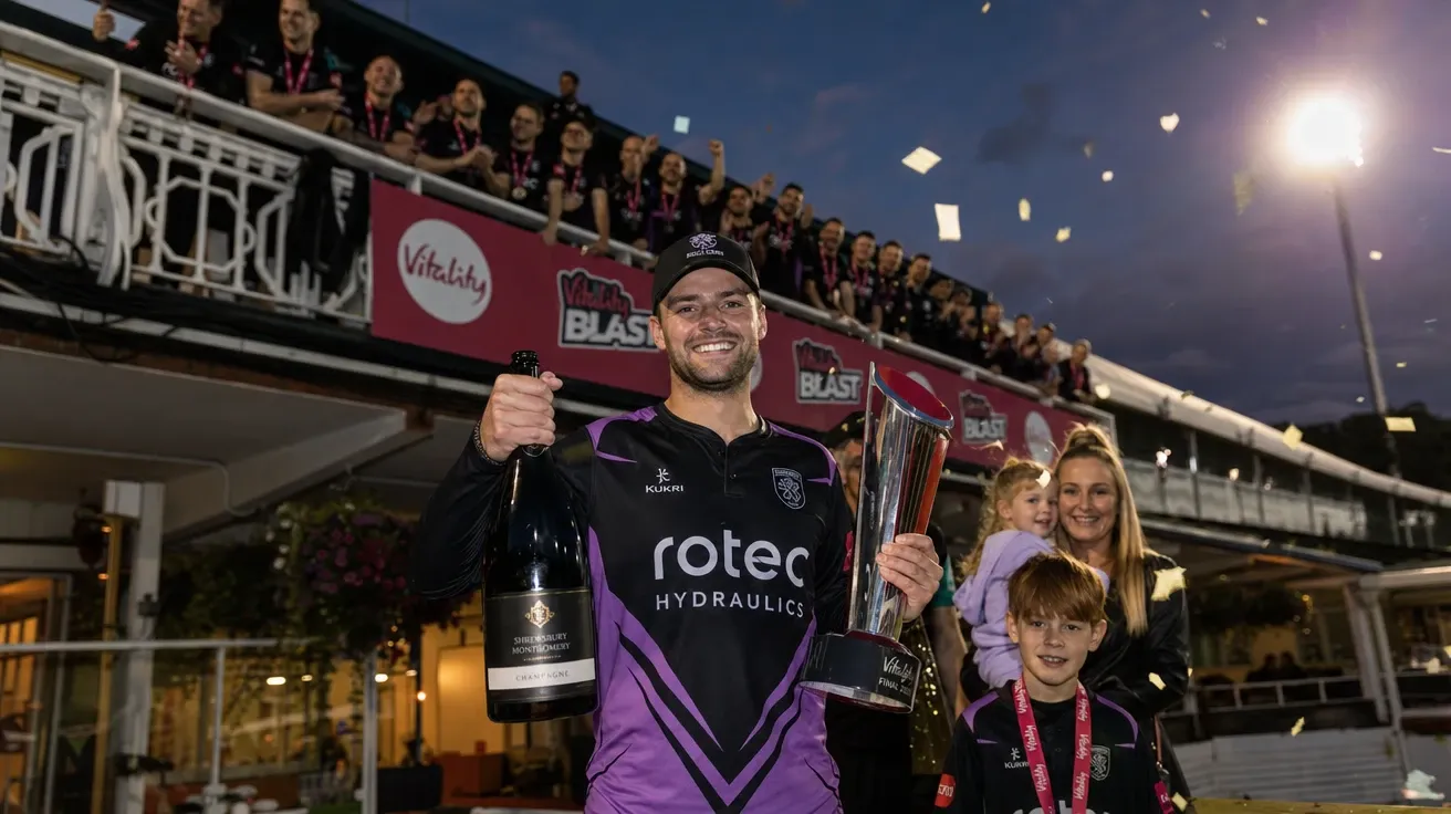 Man-of-the-match presentation with champagne magnum at the pavilion end — AI-generated cricket image.