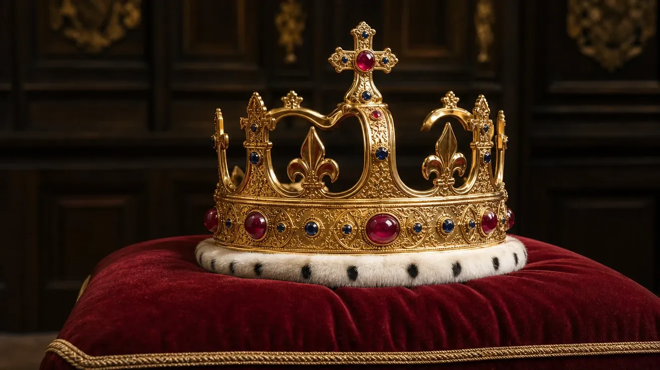 AI-generated Tudor-style gold-and-ruby coronation crown on a claret-red velvet cushion under warm chapel light.