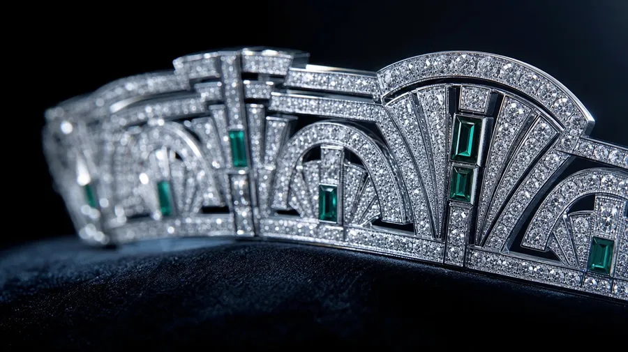 AI stock crown image of an Art Deco platinum tiara macro with pavé diamonds on a black velvet backdrop.