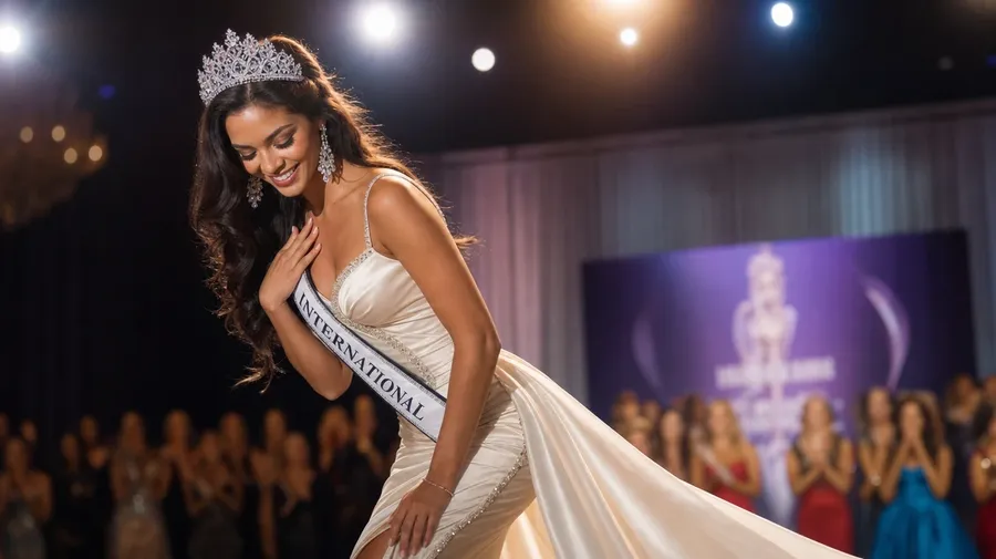 AI-generated pageant queen mid-curtsy with a rhinestone tiara newly placed on her hair under bright stage spotlights.