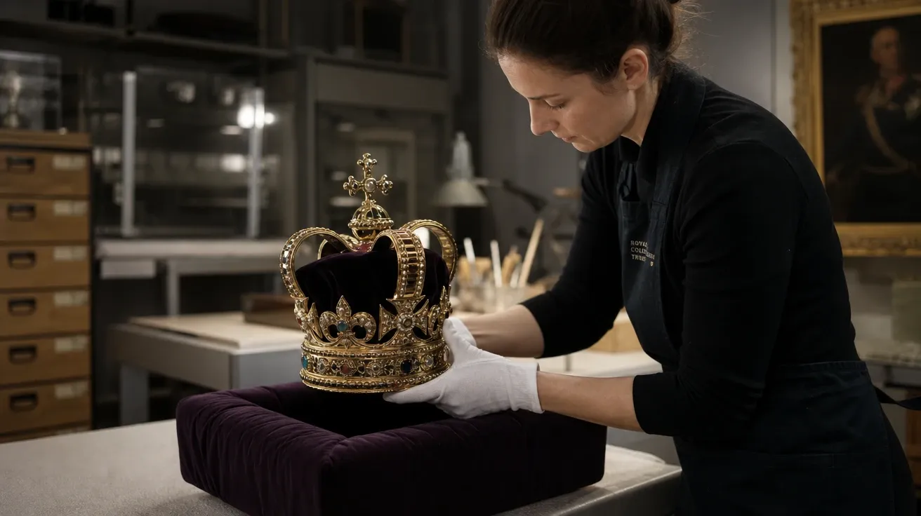 AI-generated museum conservator in white cotton gloves carefully lifting a heavy gold crown from a velvet cushion.