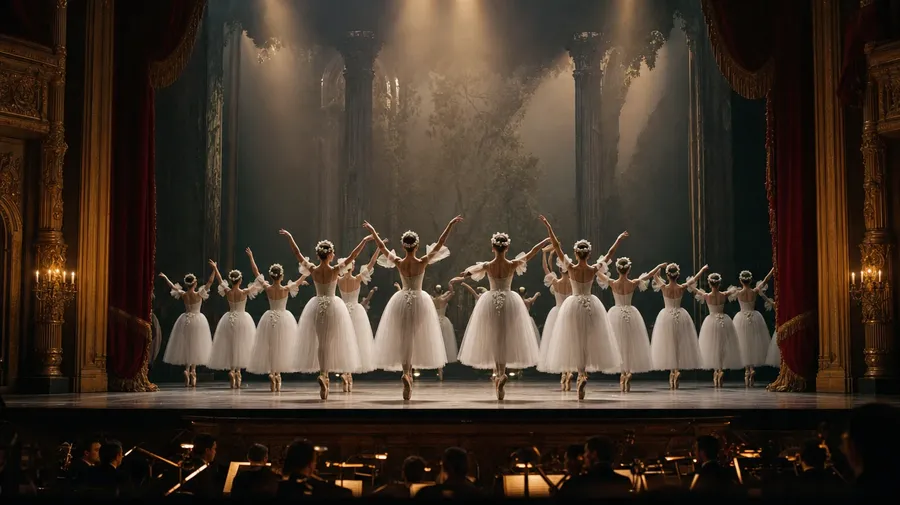Corps de ballet en pointe at the curtain rise of a classical ballet — AI-generated dancing stock image.