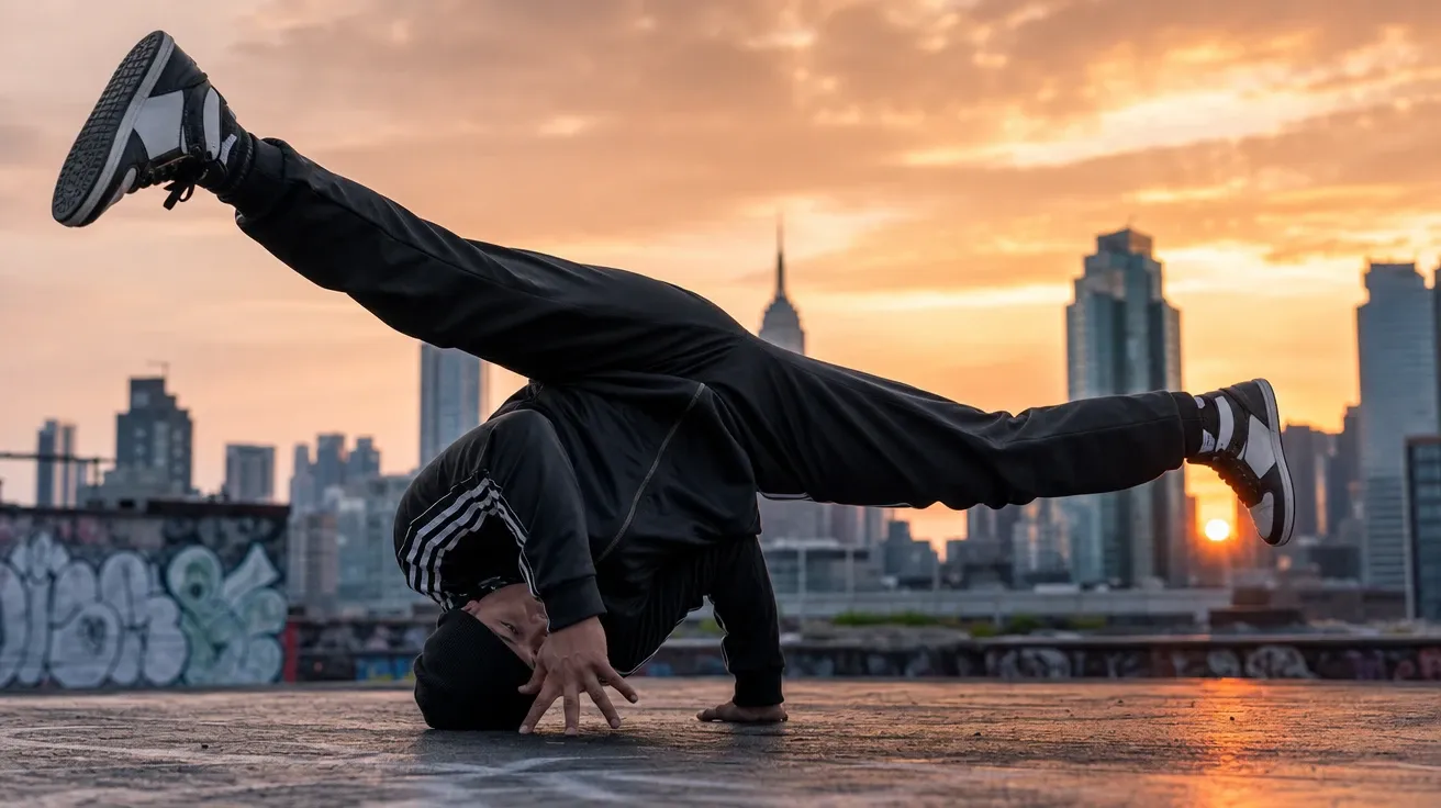 B-boy in mid-windmill freeze on a Brooklyn rooftop at sunset — AI-generated dancing image.