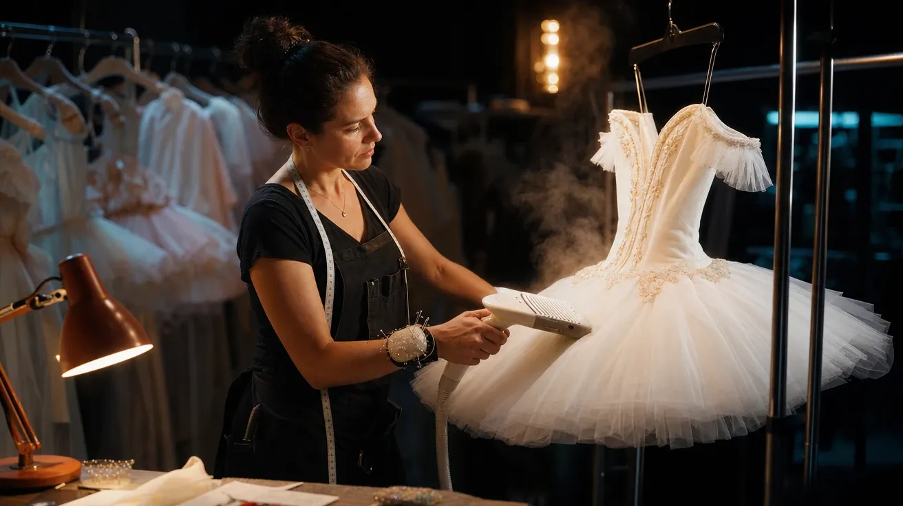 Wardrobe mistress steaming a white tutu backstage at a ballet — AI-generated dance image.