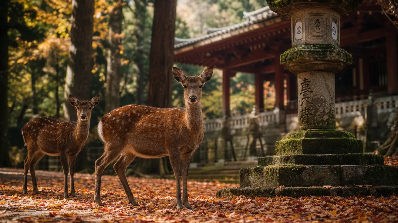Japanese sika deer pair in Nara Park temple grounds at autumn, AI-generated deer images.