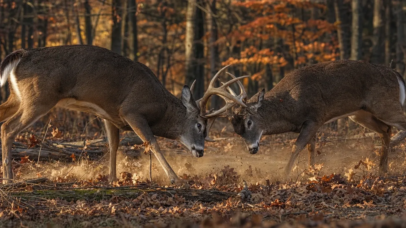 Two whitetail bucks locked at the antlers mid-spar in autumn forest, AI stock deer behavior image.
