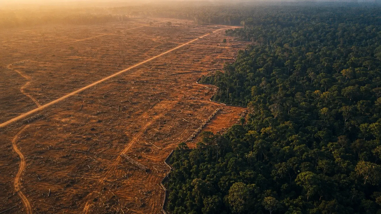 Aerial deforestation clear-cut boundary in tropical rainforest, AI-generated stock image of canopy meeting bare earth.