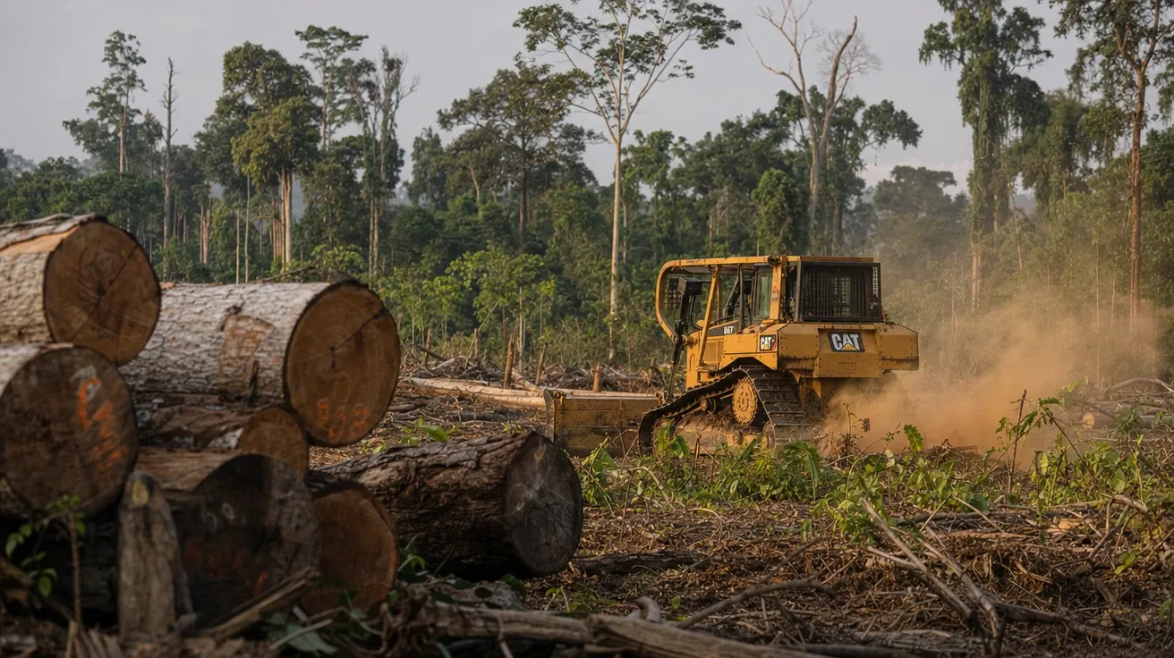 Industrial logging bulldozer clearing rainforest understory at late afternoon, AI-generated deforestation stock image.