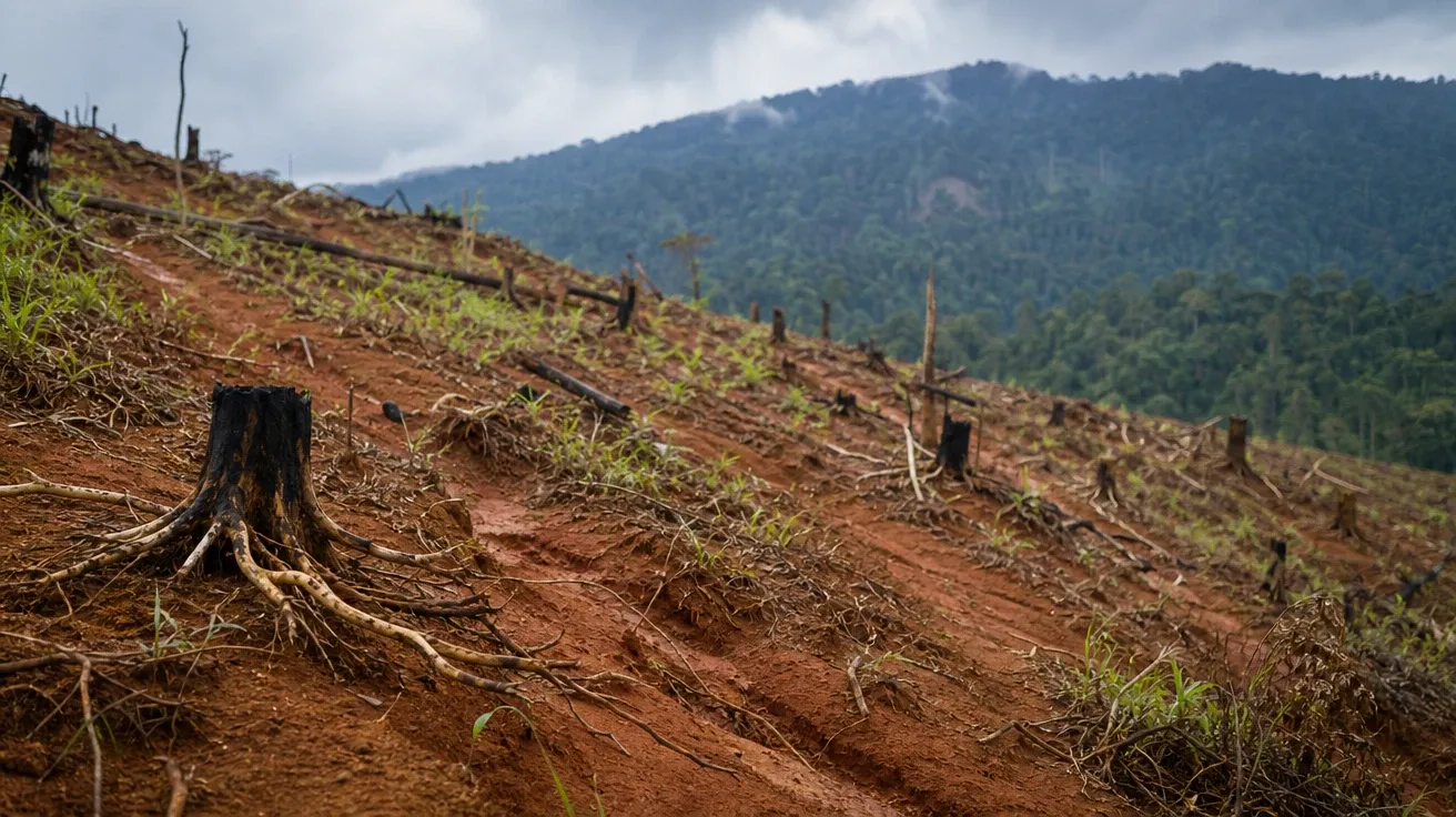 Eroded red-clay hillside slope after tropical clear-cut, AI-generated stock deforestation photography aftermath.