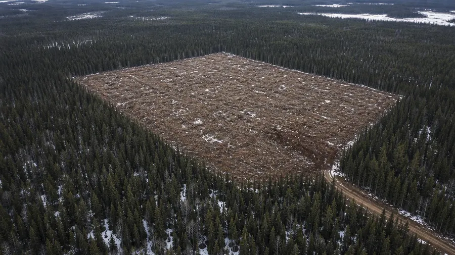 Aerial clear-cut block in Canadian boreal taiga with skid road, AI-generated stock deforestation photography.