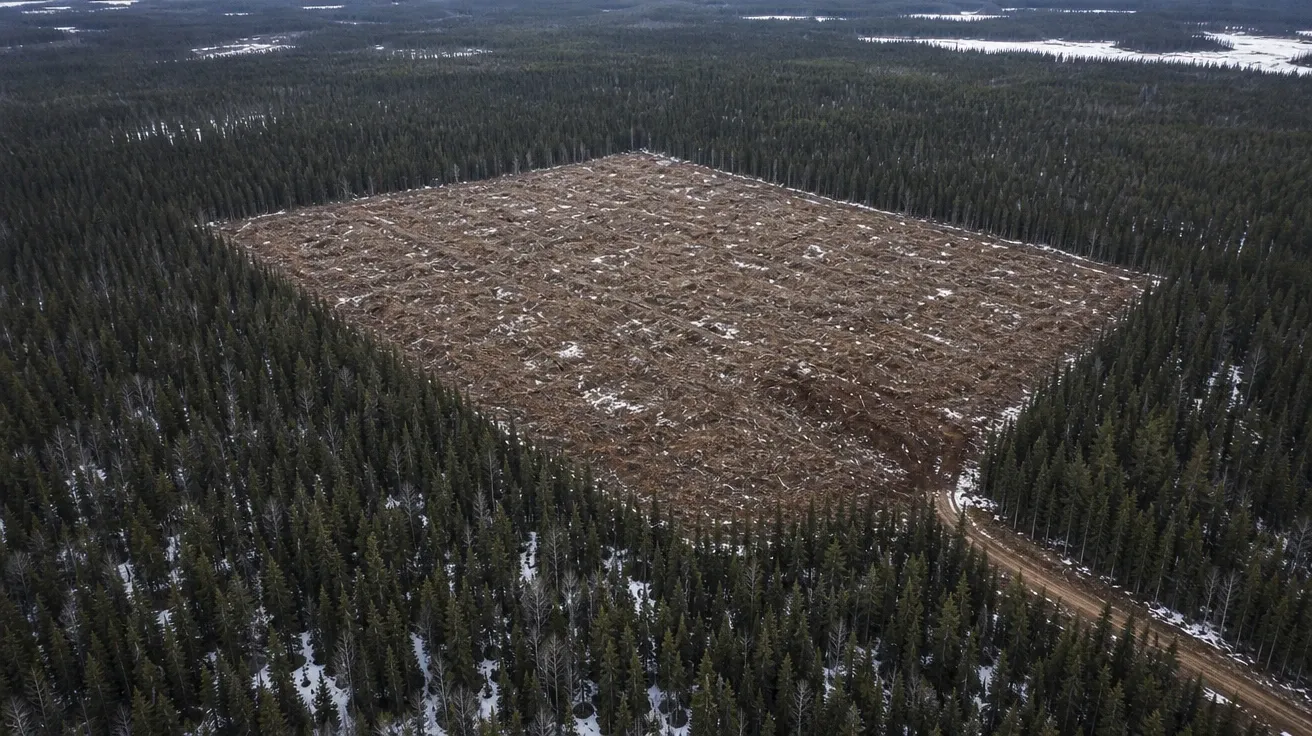 Aerial clear-cut block in Canadian boreal taiga with skid road, AI-generated stock deforestation photography.