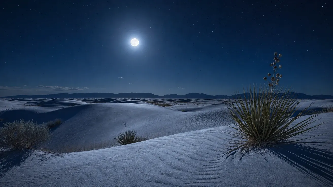 White Sands gypsum dune sea under a bright full moon at blue hour, AI-generated desert images stock.