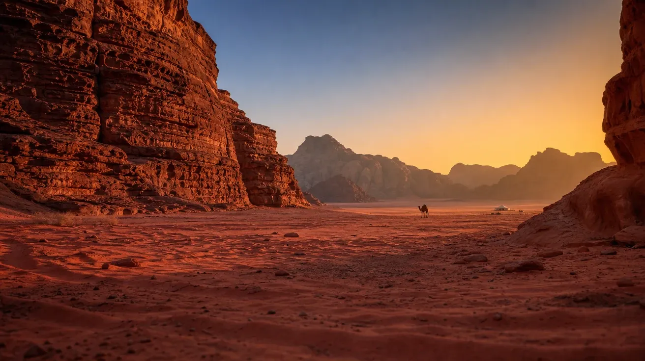 Wadi Rum sandstone canyon in Jordan at golden hour with red sand floor, AI-generated desert images.