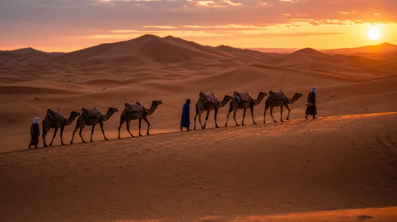 Camel caravan crossing Erg Chebbi dunes in Morocco at sunset, AI-generated desert images stock photo.
