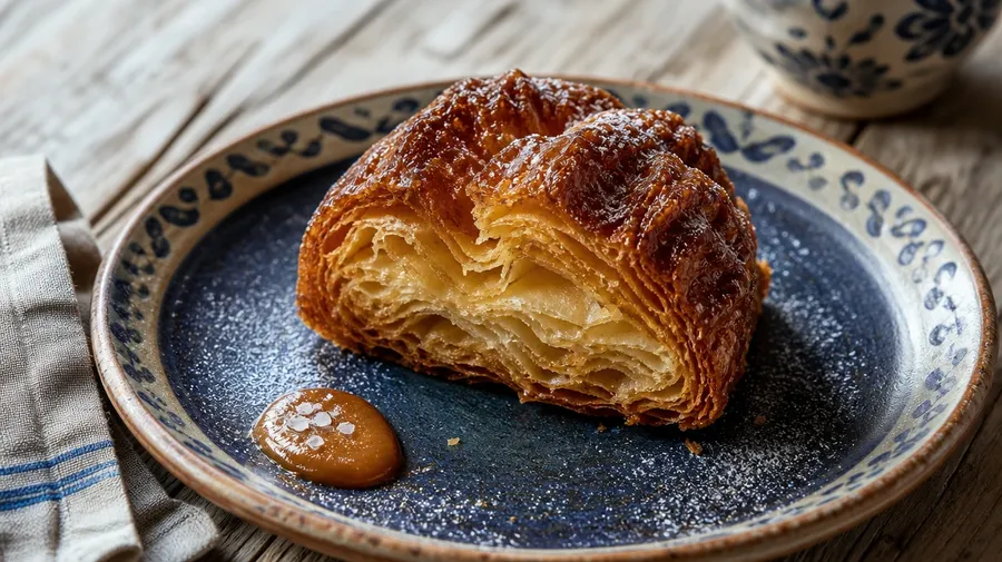 Sliced kouign-amann on a Brittany blue plate showing flaky caramelized layers, AI-generated desserts images.