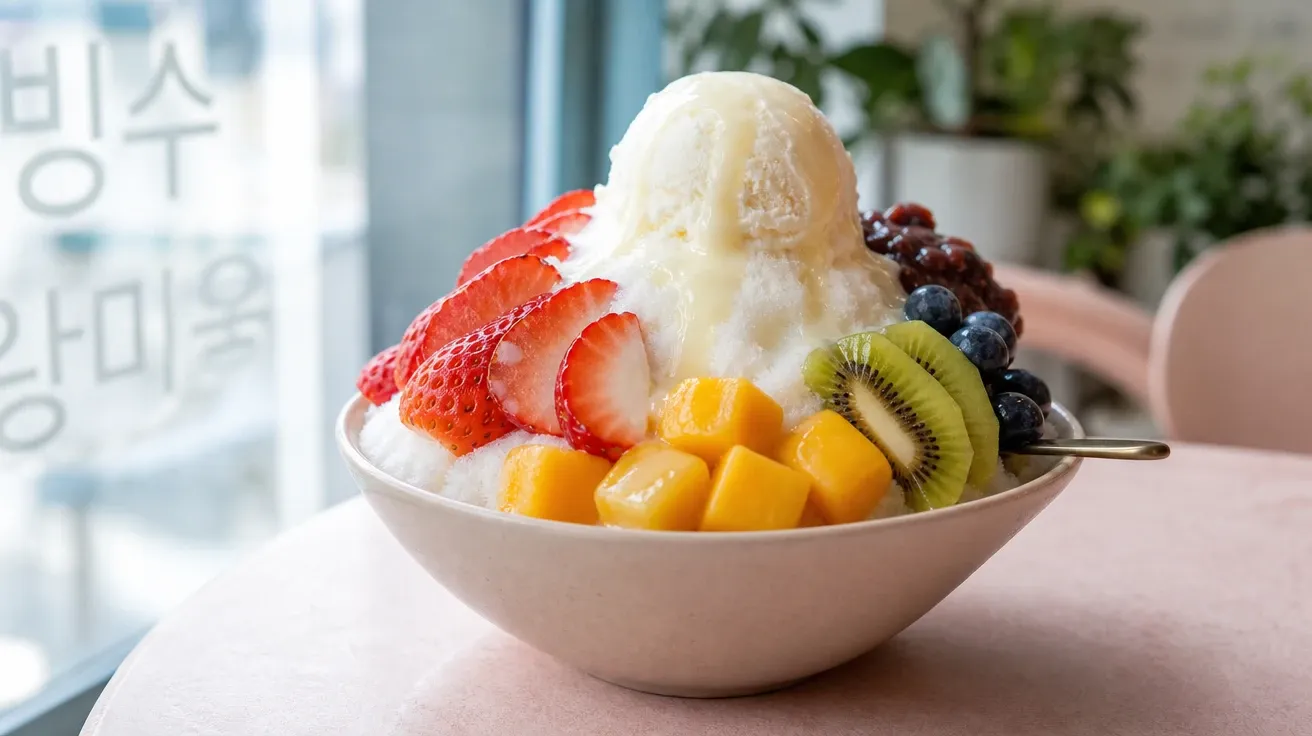 Korean fruit bingsu with strawberries, mango, and kiwi at a Seoul cafe at midday, AI-generated desserts images.