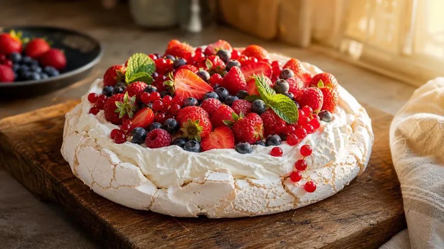 Homemade summer berry pavlova with whipped cream on a wooden board at golden hour, AI-generated desserts images.