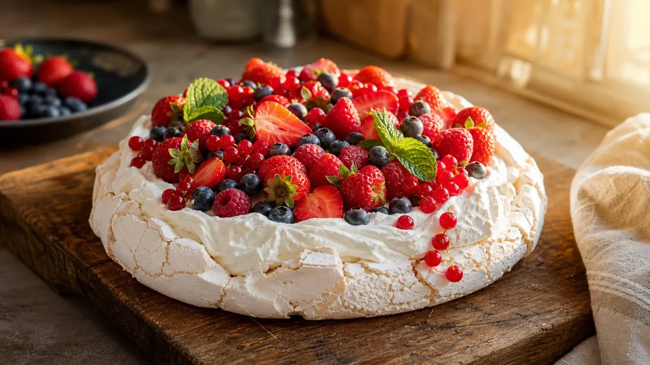 Homemade summer berry pavlova with whipped cream on a wooden board at golden hour, AI-generated desserts images.
