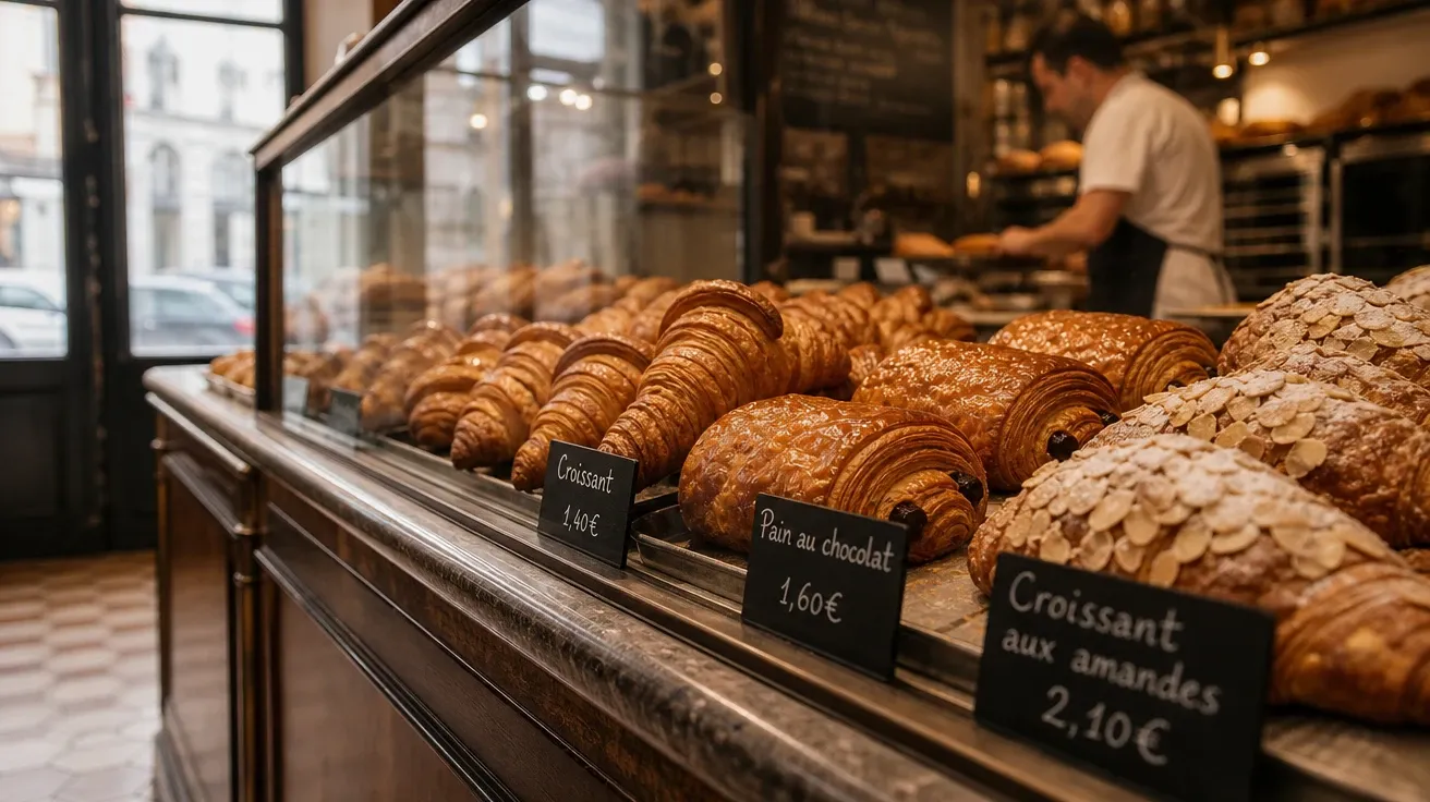 Fresh croissants and pain au chocolat in a French boulangerie pastry case at morning, AI-generated desserts images.