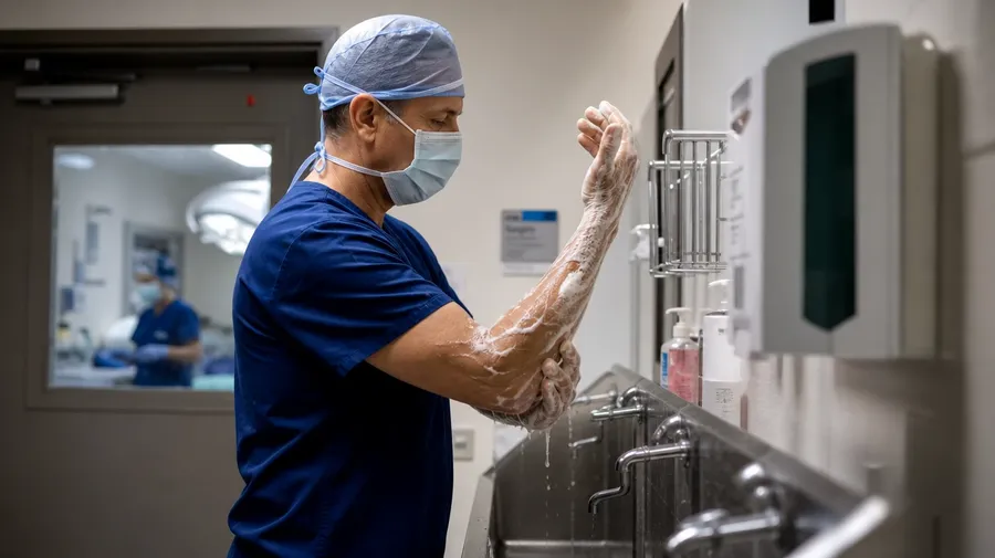 AI stock doctor image of a vascular surgeon scrubbing in at a stainless trough outside the operating room.