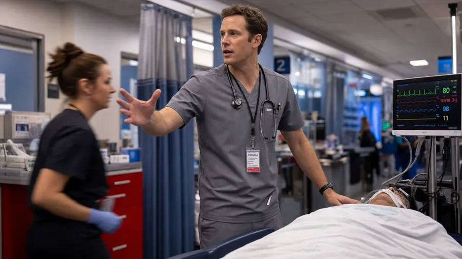 AI-generated ER physician at a triage gurney calling lab orders to a passing nurse with a vital-signs monitor beside.