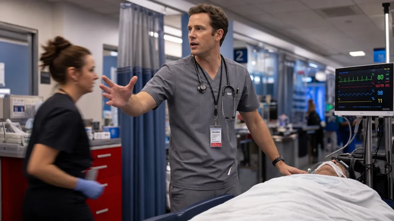 AI-generated ER physician at a triage gurney calling lab orders to a passing nurse with a vital-signs monitor beside.