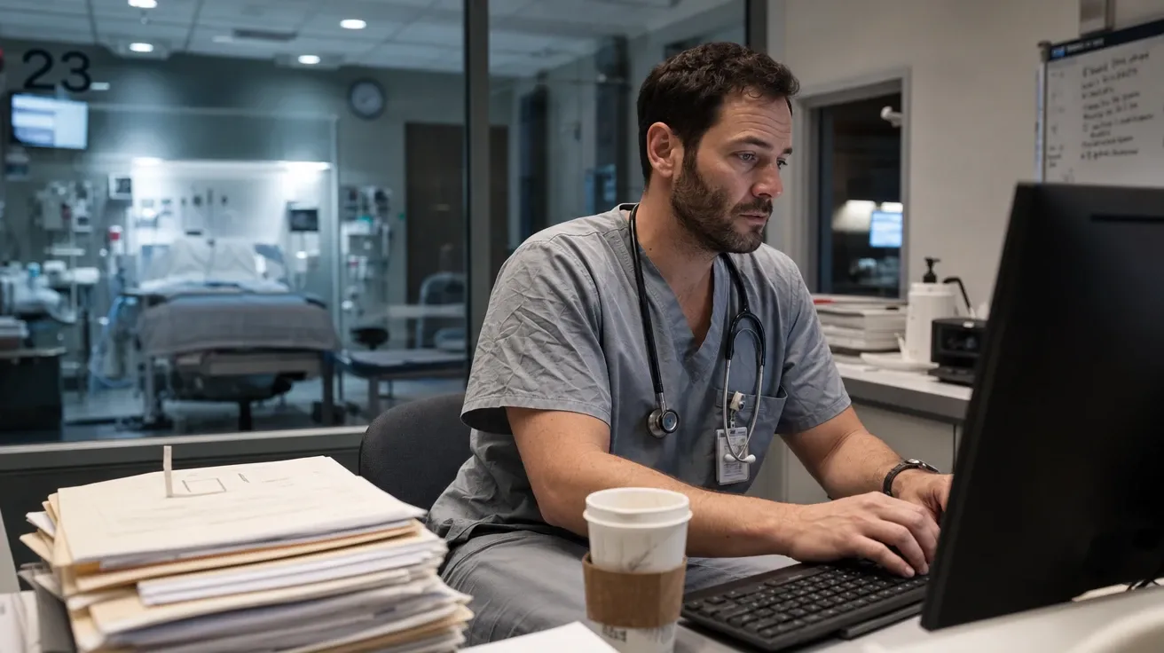 AI-generated tired ER physician charting at 3am at a workstation under harsh overhead fluorescent lighting.