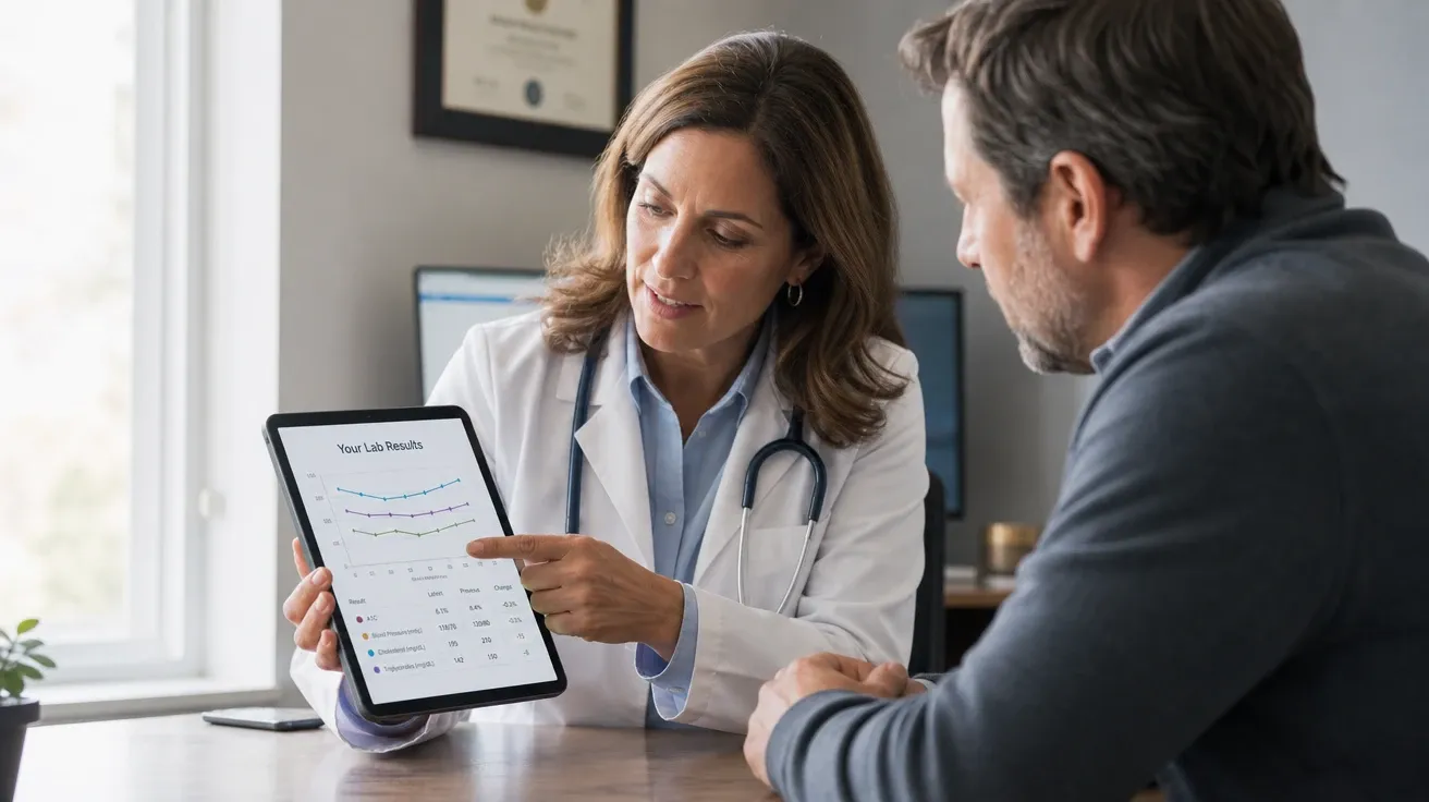 AI-generated primary-care doctor reviewing lab results on a tablet with a patient at a sunlit consultation desk.