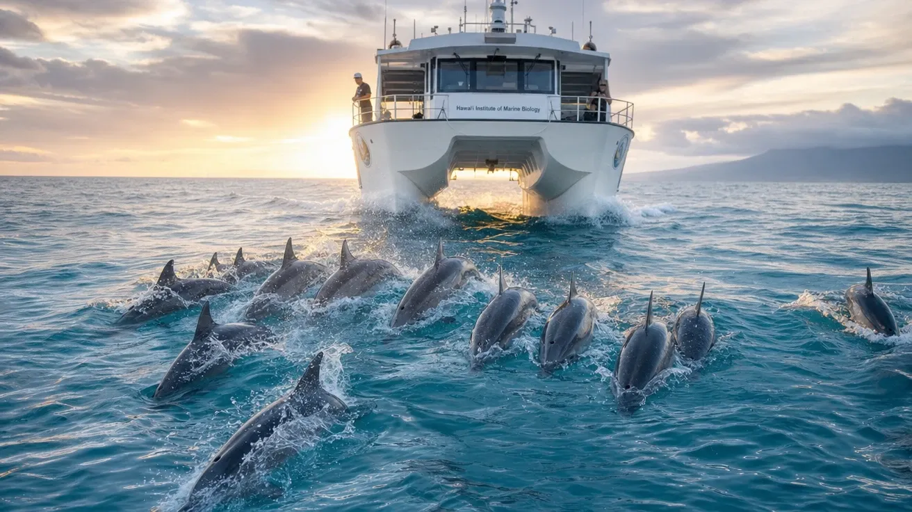 Pod of Hawaiian spinner dolphins bow-riding a research catamaran off the Big Island at sunrise, AI-generated dolphin stock.