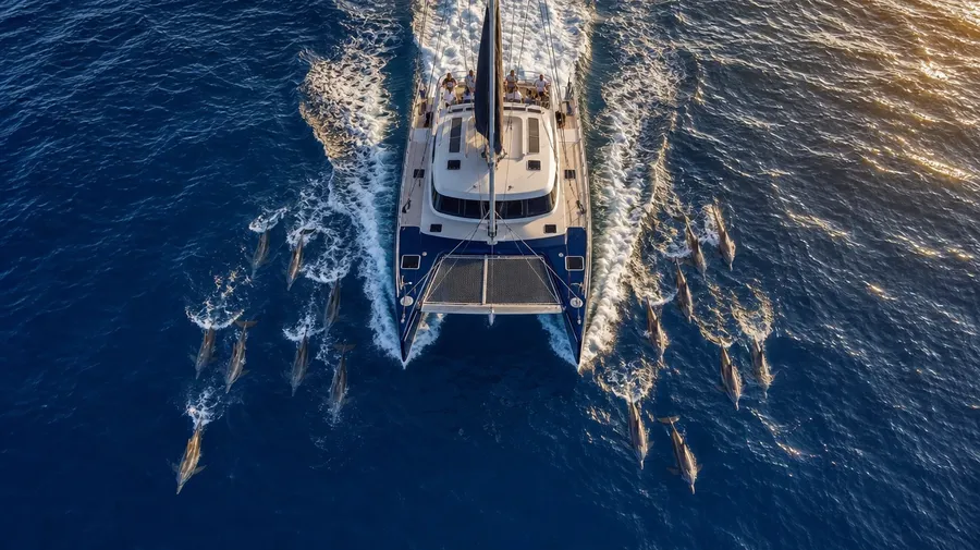 Drone overhead of a bottlenose pod bow-riding a catamaran off Baja California at golden hour, AI-generated dolphin stock.