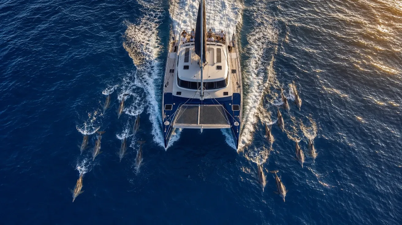 Drone overhead of a bottlenose pod bow-riding a catamaran off Baja California at golden hour, AI-generated dolphin stock.