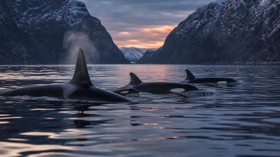 Norwegian orca family surfacing in a glassy fjord at dusk, AI-generated dolphin stock photo.