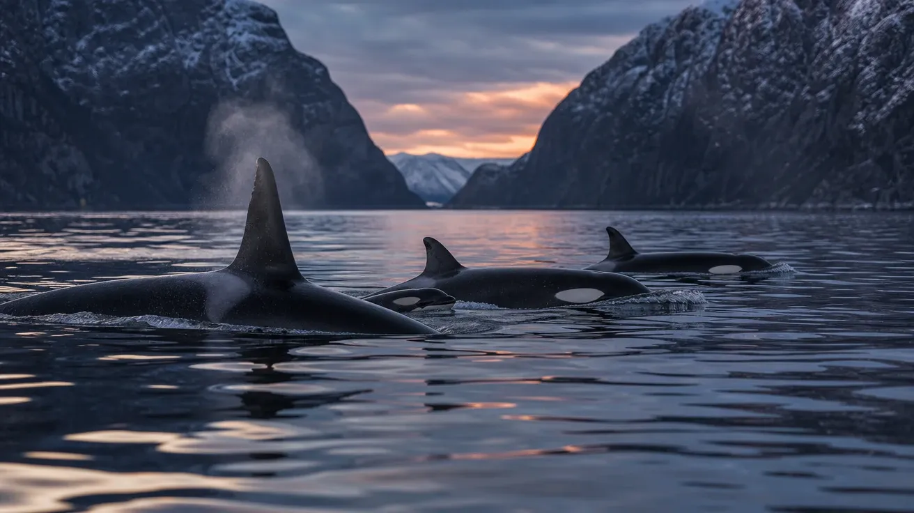 Norwegian orca family surfacing in a glassy fjord at dusk, AI-generated dolphin stock photo.