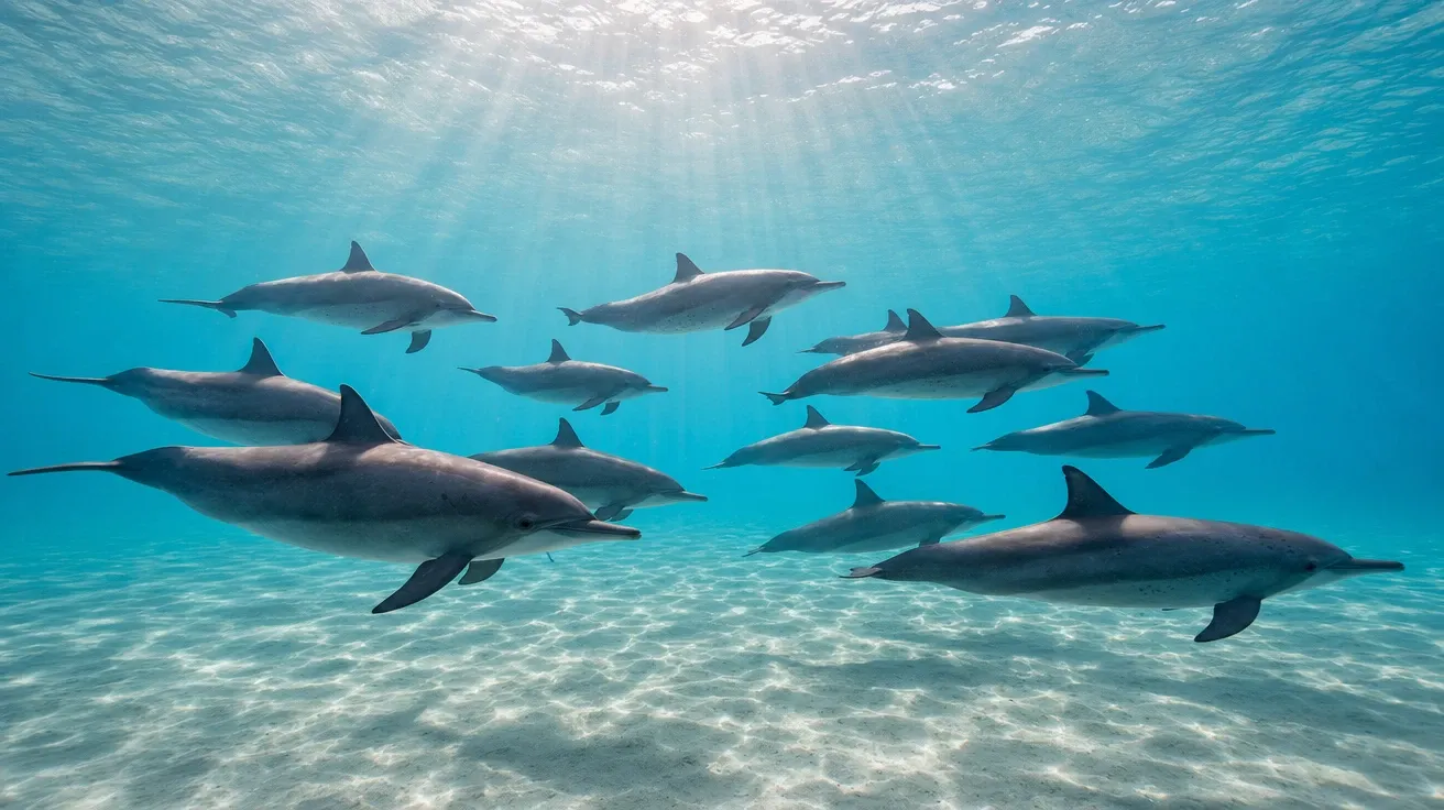 Underwater wide of Hawaiian spinner dolphins gliding through turquoise shallows off Lanai, AI-generated dolphin stock.