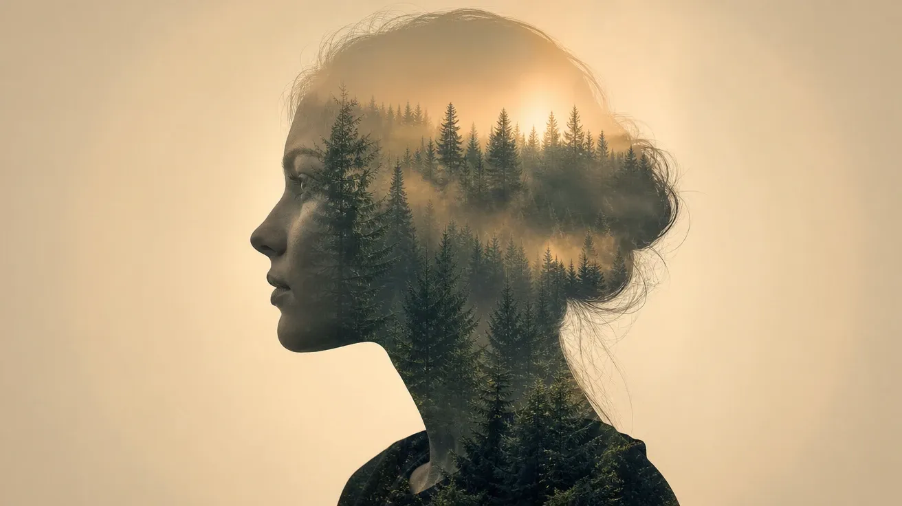 Double-exposure of a young woman's profile silhouette filled with a misty pine forest at dawn — AI-generated double exposure stock image.