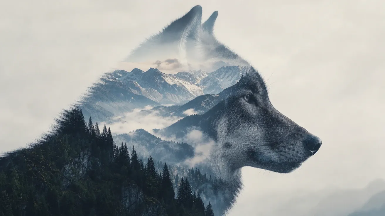 Double-exposure of a wolf profile silhouette filled with a misted alpine valley — AI-generated double exposure image.
