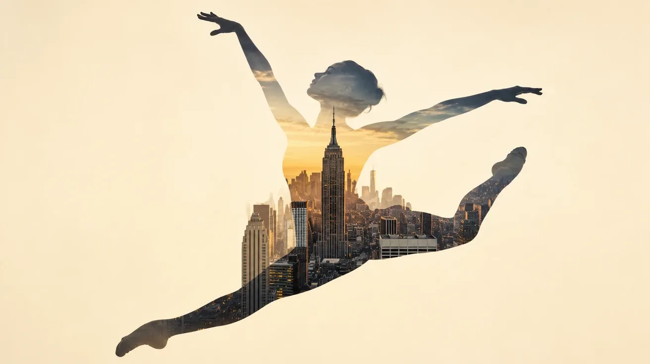 Double-exposure of a dancer's leap silhouette filled with a Manhattan skyline at golden hour — AI-generated double exposure image.