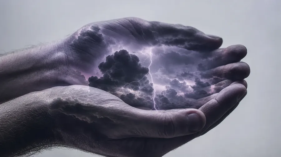 Double-exposure of cupped hands filled with a roiling thunderstorm and lightning bolt — AI-generated double exposure image.