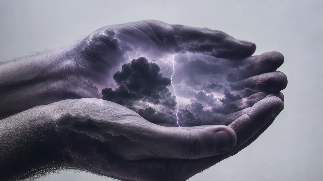 Double-exposure of cupped hands filled with a roiling thunderstorm and lightning bolt — AI-generated double exposure image.