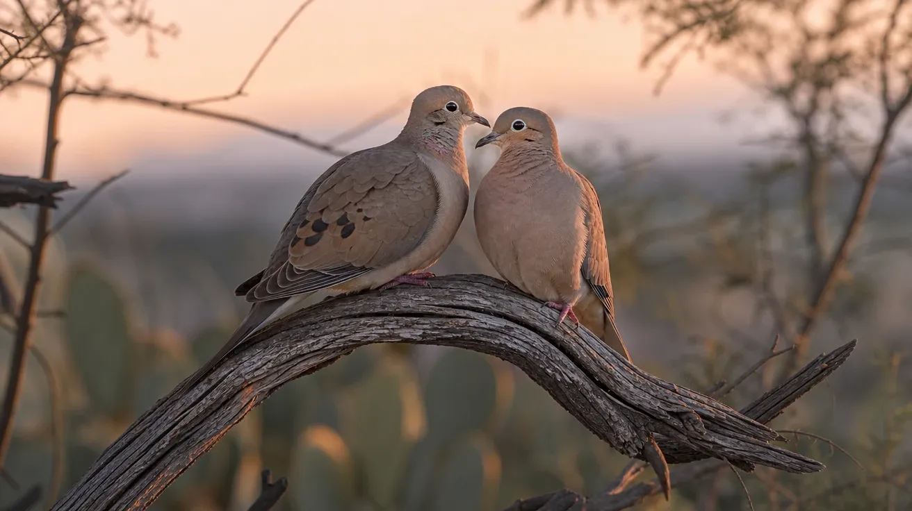 Pair of mourning doves perched on a Texas mesquite branch at desert dawn, AI-generated dove images stock photo.