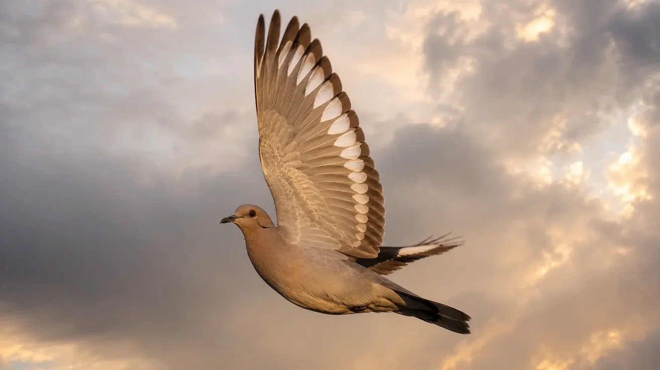 White-winged dove mid-flight wings spread against a soft cloudy sky at golden hour, AI-generated dove images.