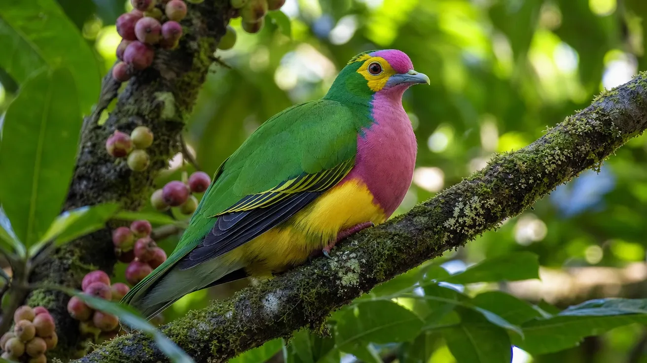 Wompoo fruit dove on a moss-covered branch in a Queensland tropical canopy at midday, AI-generated dove images.