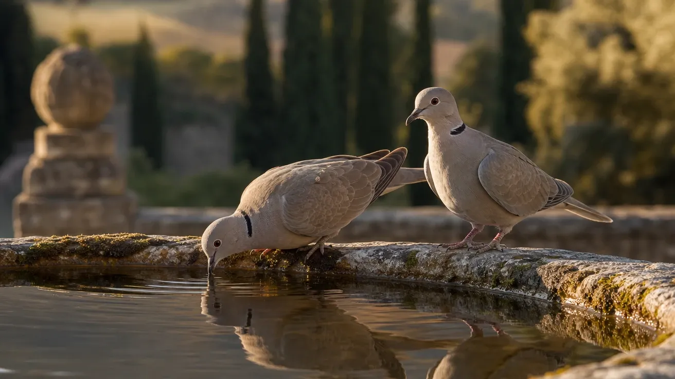Pair of doves drinking at a stone fountain rim in a Mediterranean garden, AI-generated dove images stock.