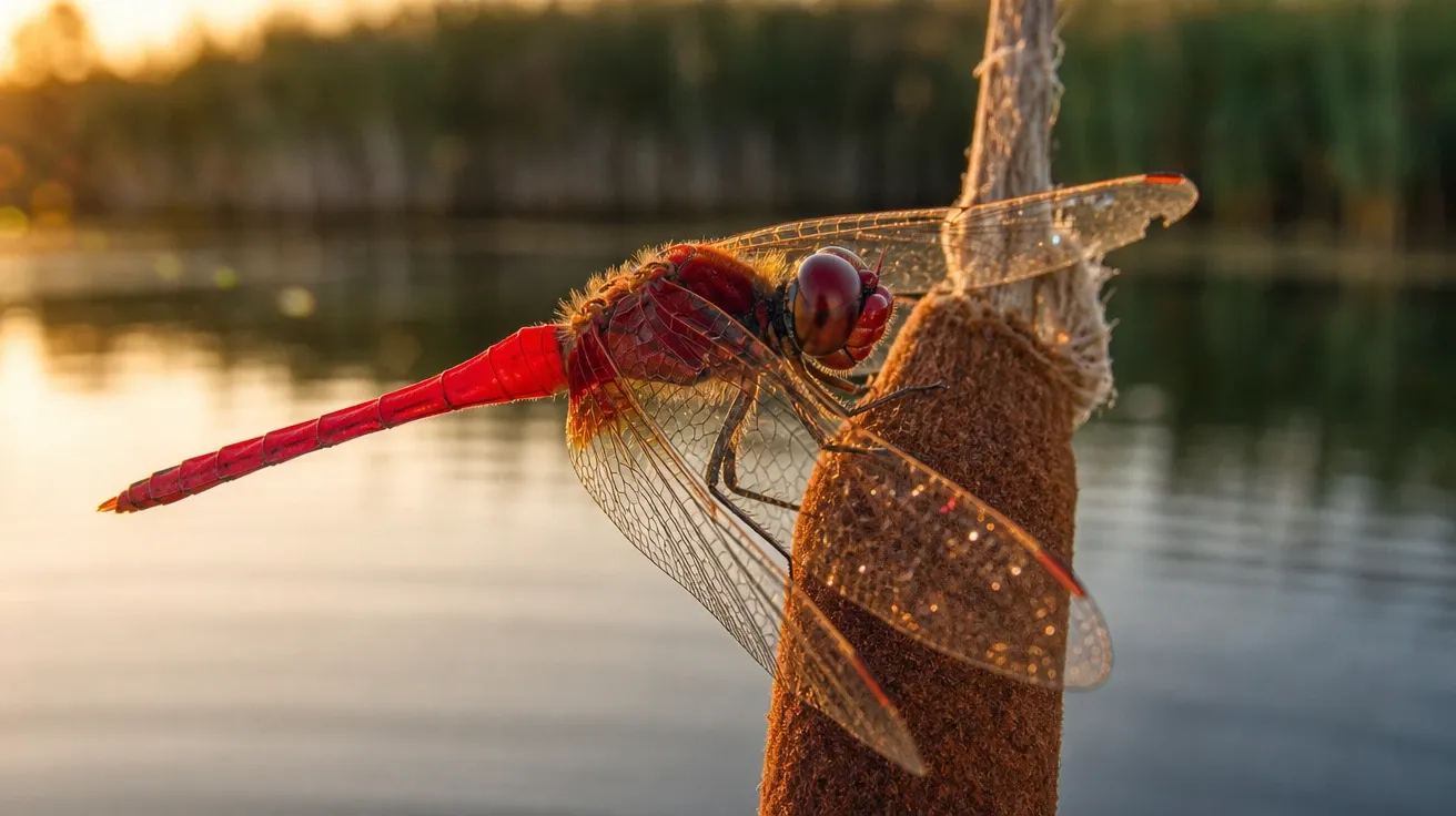 Scarlet skimmer dragonfly perched on a cattail head at golden hour, AI-generated dragonfly images stock photo.