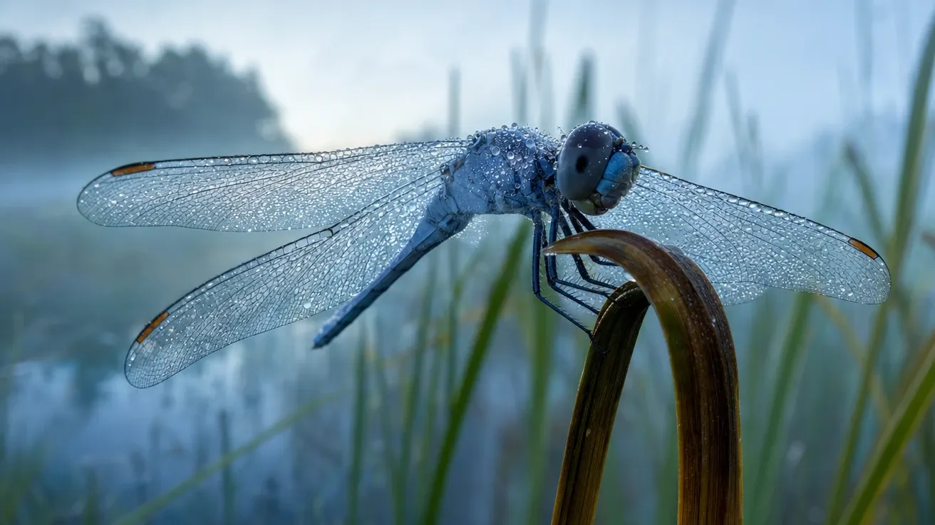 Blue dasher dragonfly covered in dewdrops on a reed at first light, AI-generated dragonfly images stock photo.