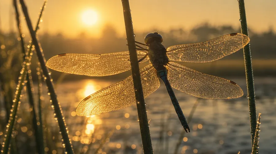 Emperor dragonfly backlit by morning sun showing translucent wing venation, AI-generated dragonfly images stock.