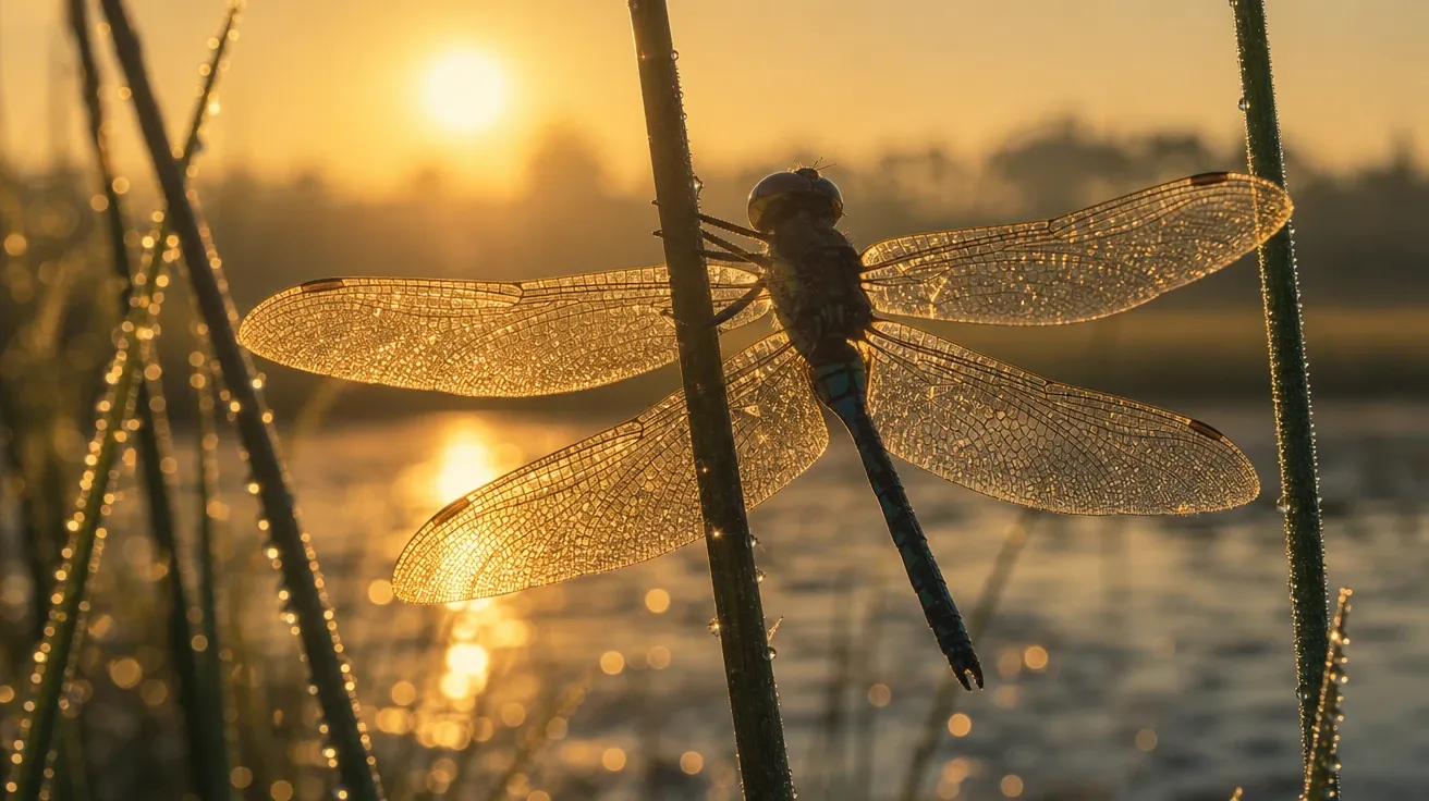 Emperor dragonfly backlit by morning sun showing translucent wing venation, AI-generated dragonfly images stock.